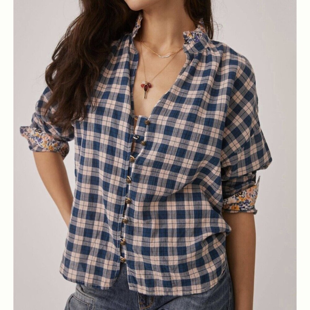 Pilcro Anthropologie Plaid Buttondown Shirt (Size M) Tavi Floral Ruffle Collar - Picture 4 of 13